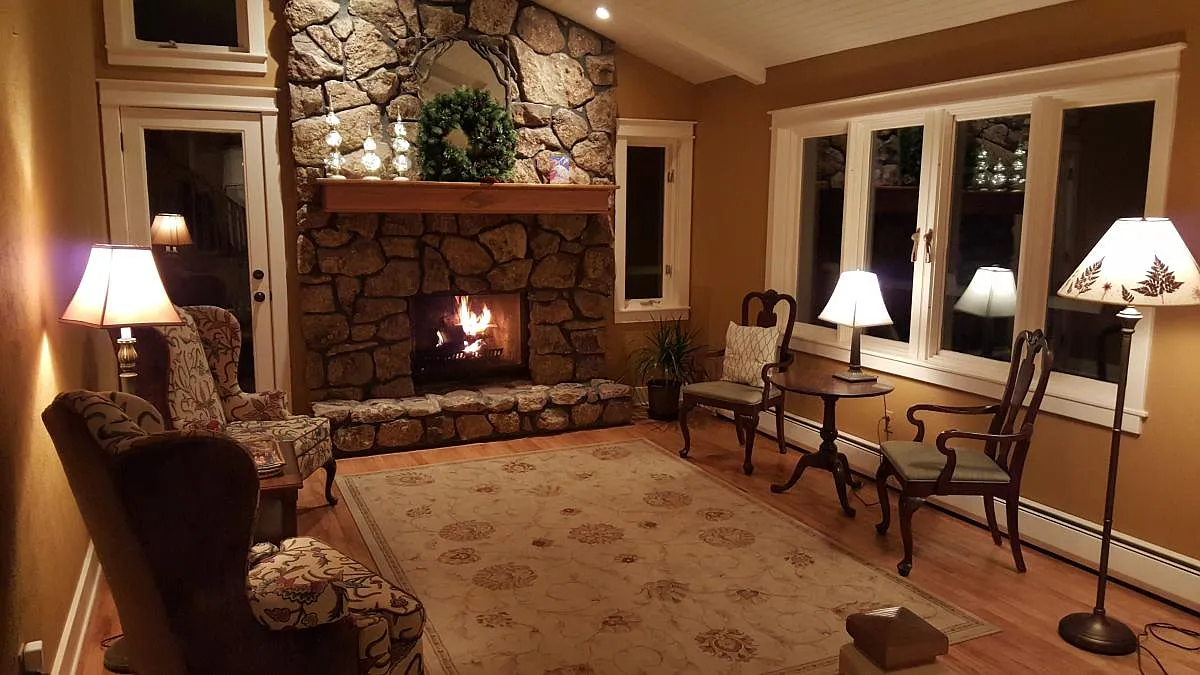 Cozy living room with stone fireplace